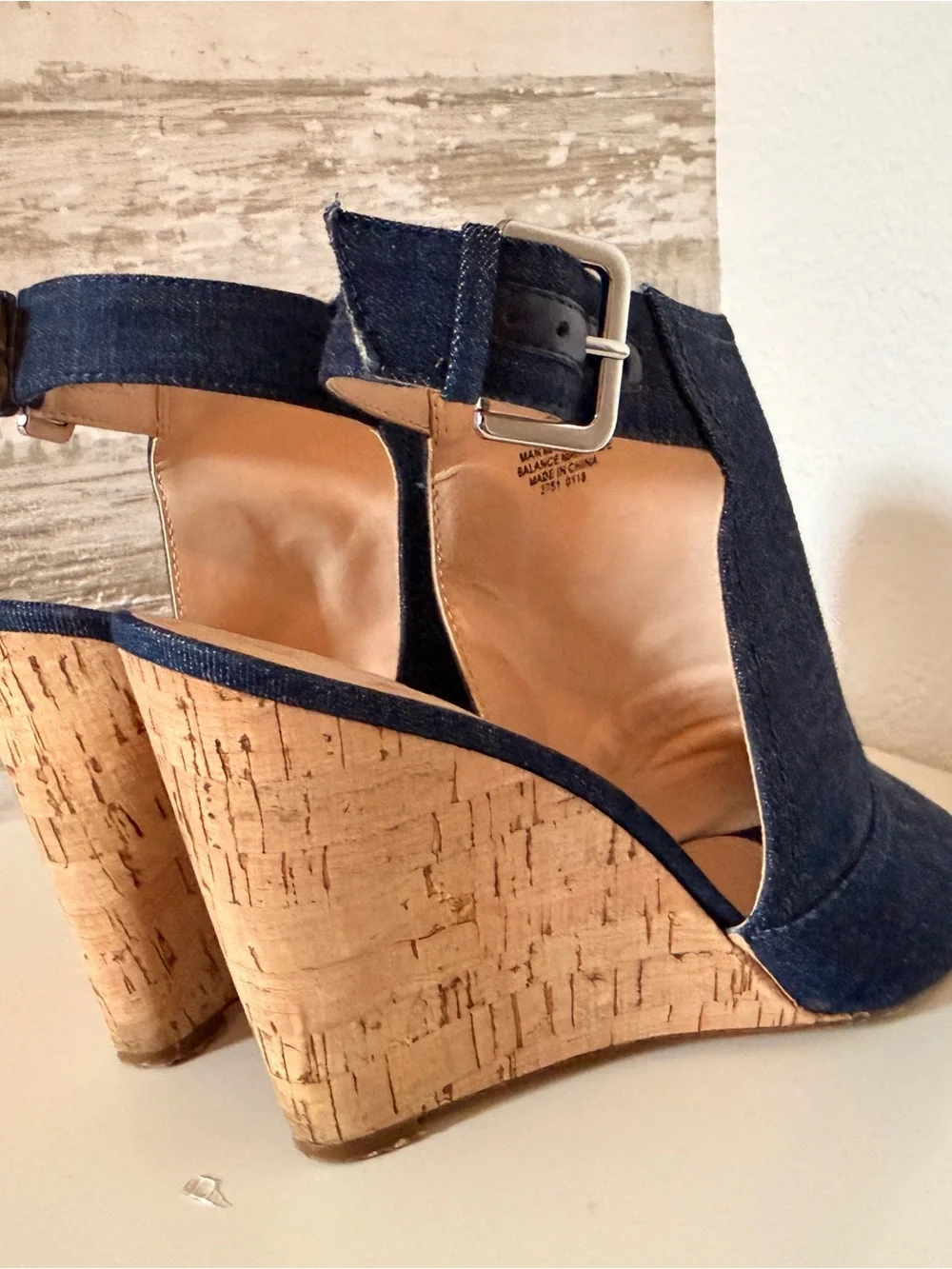 Nine West Denim Cork Wedge Peep-Toe Sandals - Dark Blue